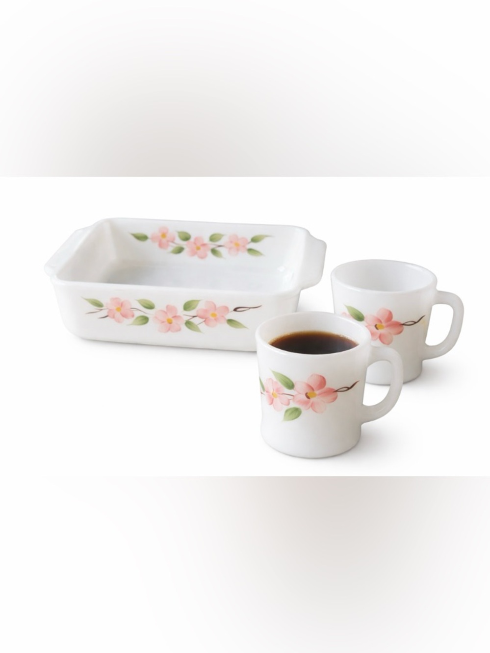 Vintage Fire King Pink Floral Milk‎ Glass Casserole Dish w/ 2 Mugs Set